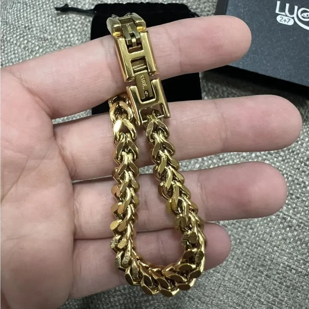 14K Gold Franco Chain Bracelet 6MM Stainless Steel Fold Over Clasp Heavy Link